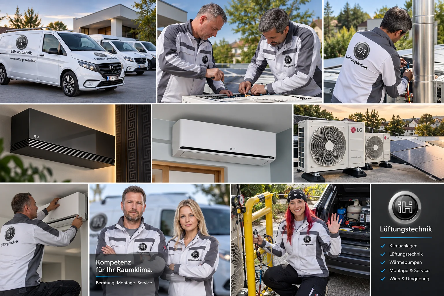IH Lüftungstechnik Collage mit Servicefahrzeug, Technikerinnen und Klimaanlagen-Montage